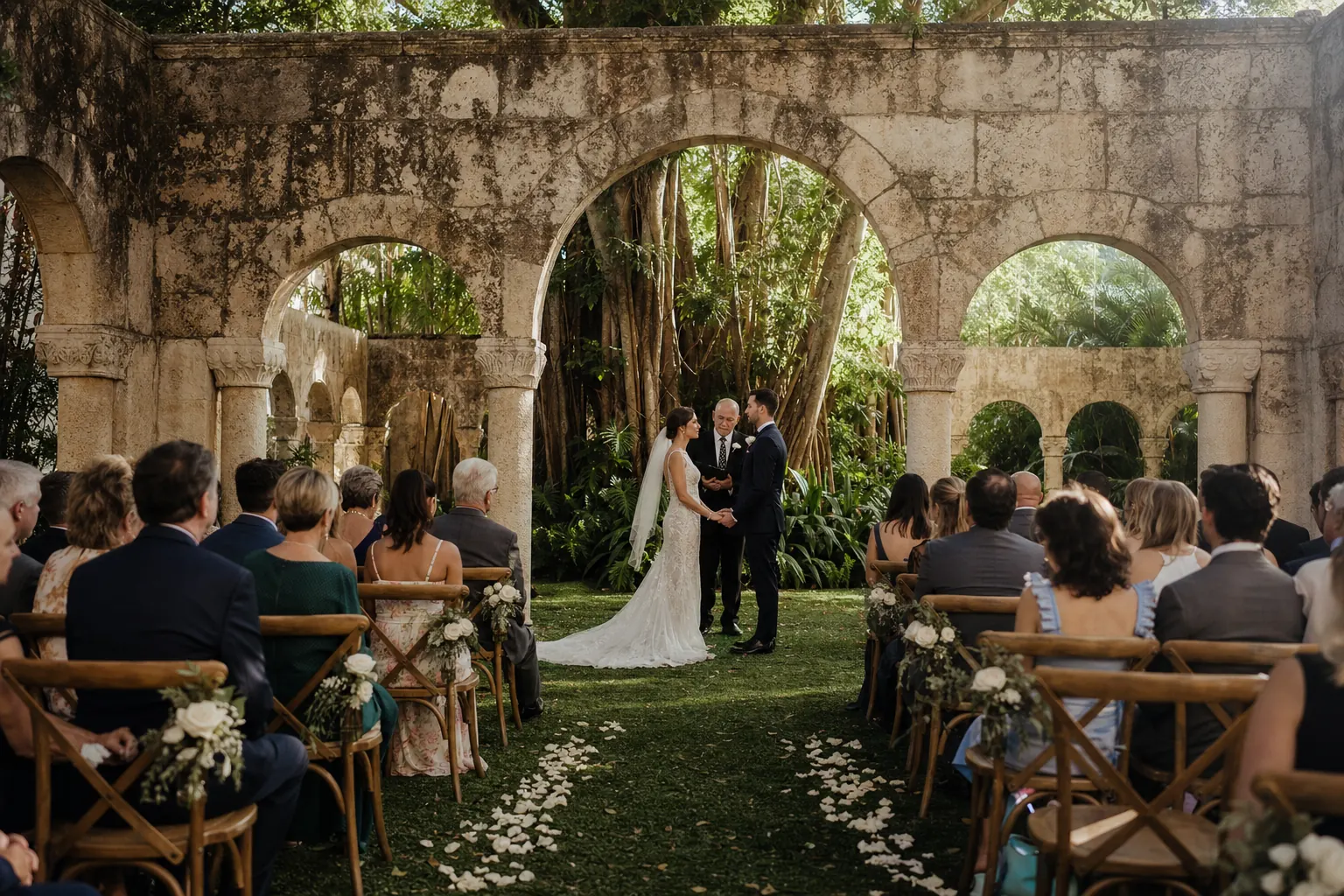 A ceremony beneath the stone arches of a centuries-old cloister garden