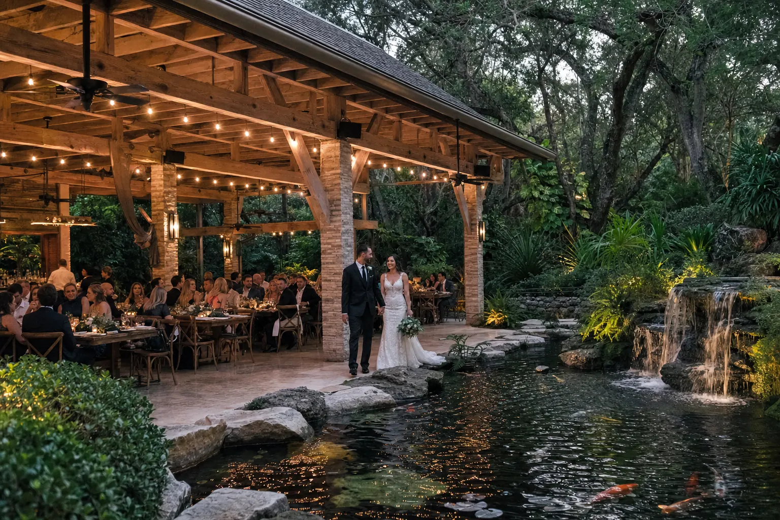 A couple beside a koi pond under a string-lit pavilion surrounded by tropical gardens
