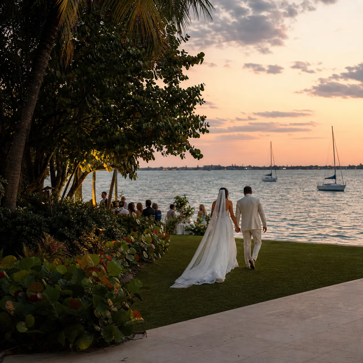 A bride and groom walking across a bayfront lawn toward the water at golden hour