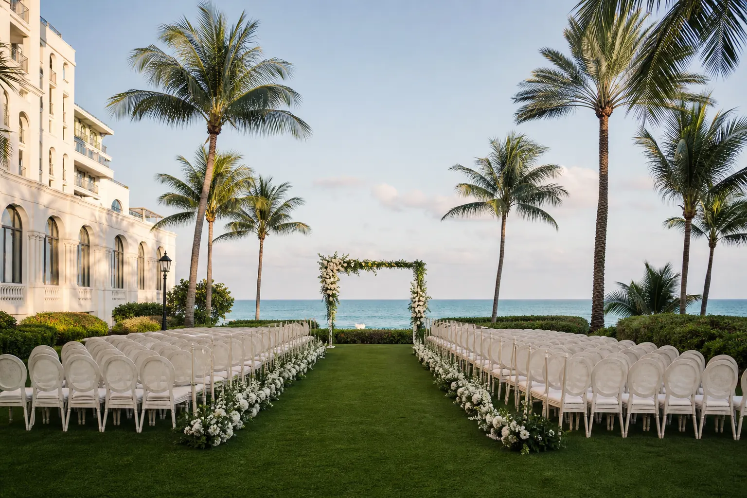 White ceremony chairs and floral aisle on an oceanfront lawn in Key Biscayne