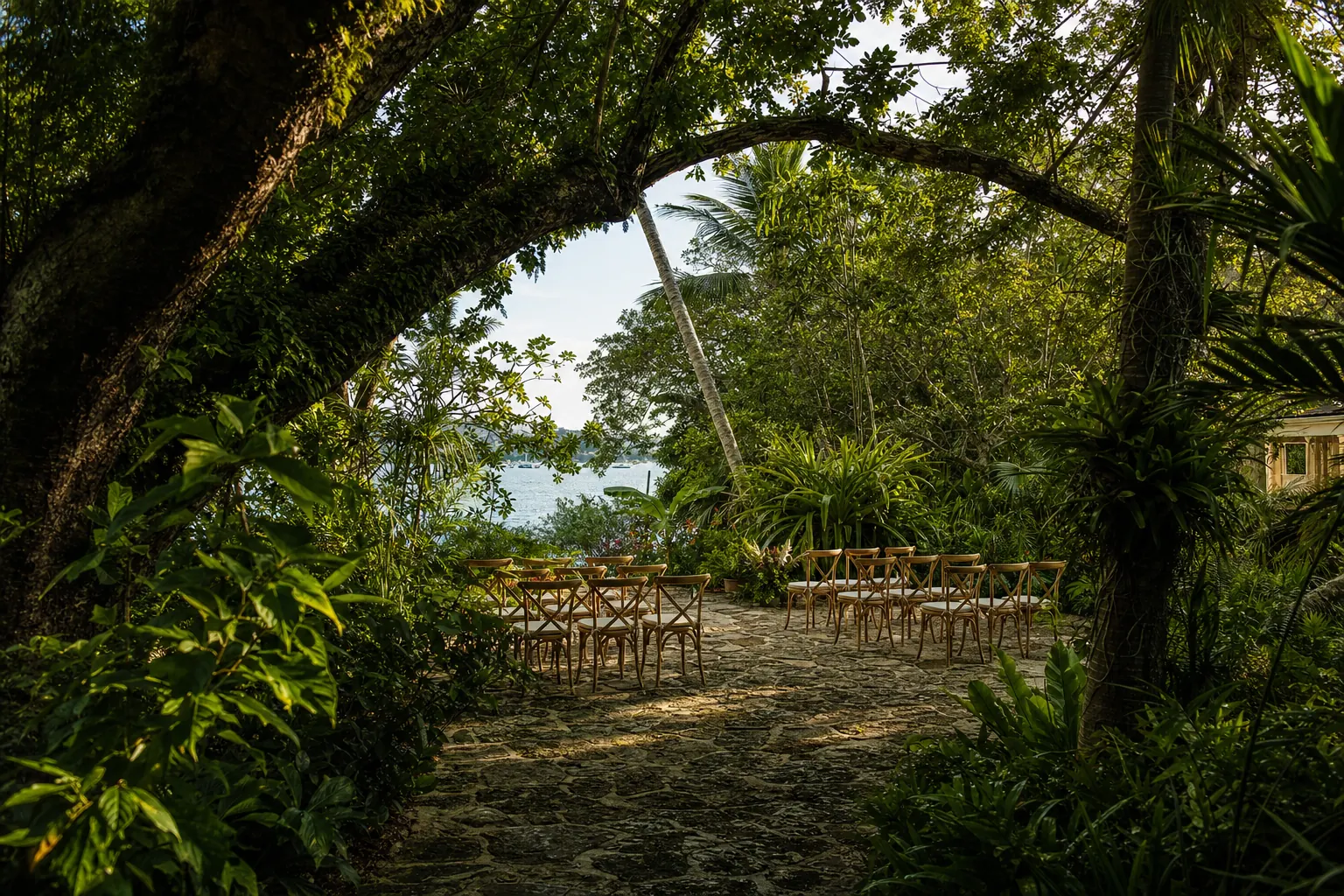 Ceremony chairs beneath a tropical canopy at The Kampong
